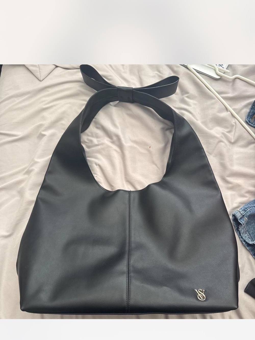 Victoria's Secret Black Faux Leather Shoulder Bag with Bow Strap